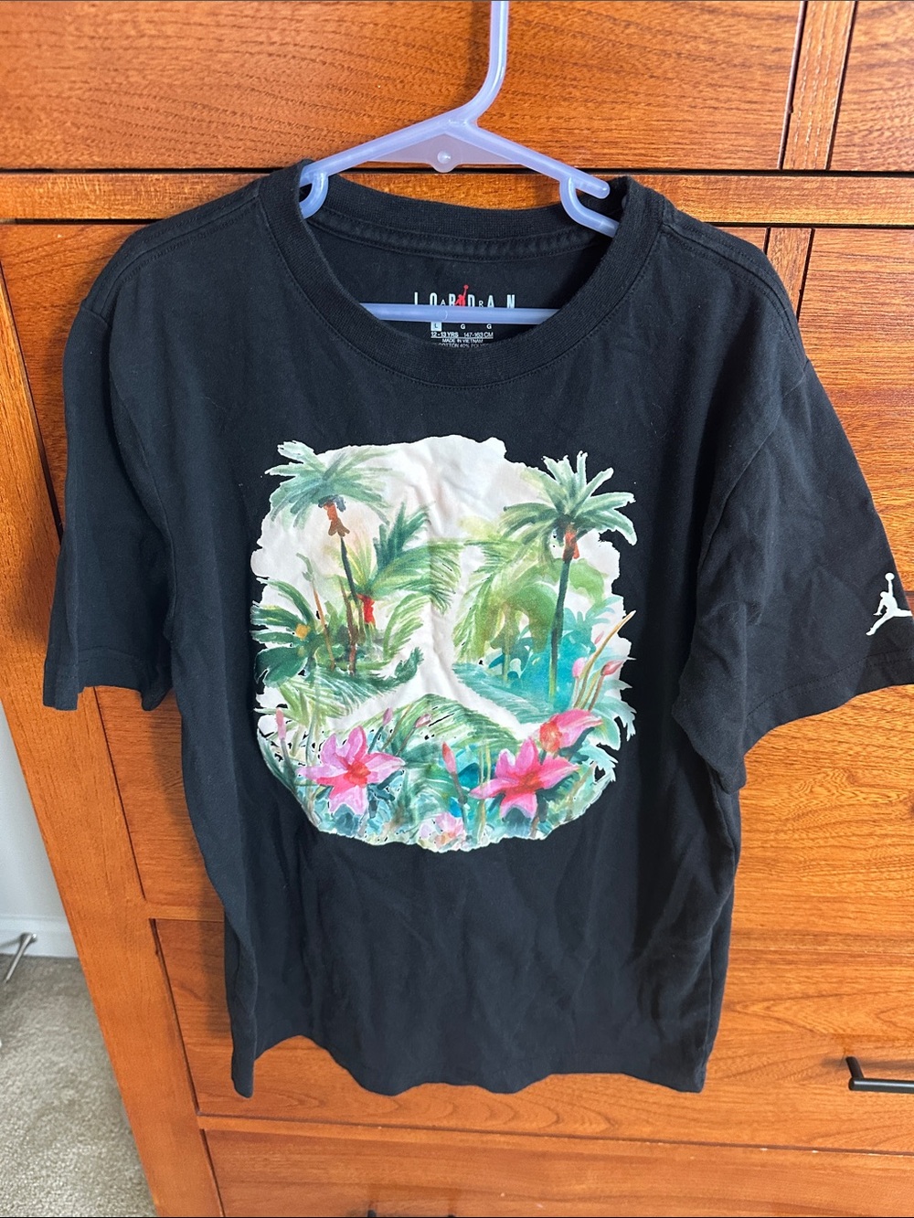 Jordan Black Tee with Tropical Floral Skull Graphic